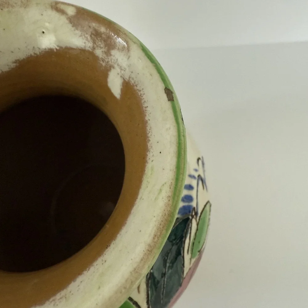 Vintage Italian Pottery Vase Hand Painted Floral Italy 7